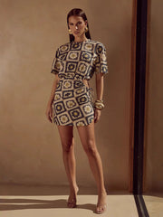 Printed Drawstring Waist Mini Dress