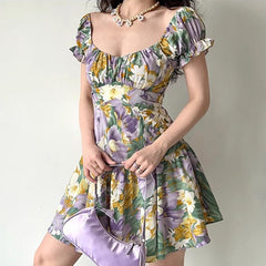 Floral Print Puff Sleeve Ruffle Short Dress