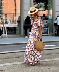 V-neck Waist Printed Ruffled Midi Dress