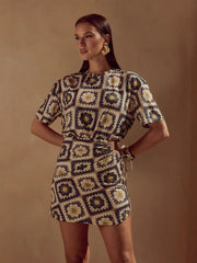 Printed Drawstring Waist Mini Dress