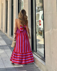 Sleeveless Lace-up Striped Print Club Party Dress