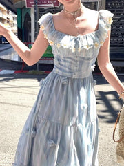 Blue Chiffon Printed Small Flying Sleeve Dress