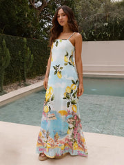Printed French Elegant Sling Maxi Dress