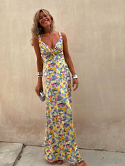 Flora Watercolor Print Crossover Neck Wide Straps Stretch Maxi Dress