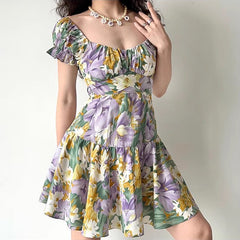 Floral Print Puff Sleeve Ruffle Short Dress