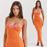 Robe longue moulante orange AKEMI à BRETELLES