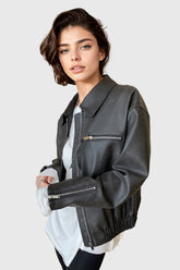 Minimalistische Lederjacke mit Reißverschluss - Schwarz