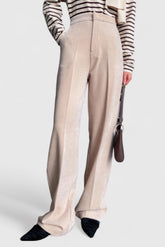 High Waisted Velvet Trousers - Beige