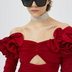 JUNKO FLowER RUCHED Hollow Out Long Sleeve TOP