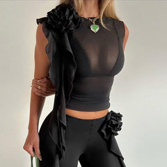 KATE Mesh RUFFLE FLowER DECORATED TOP