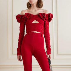 JUNKO FLowER RUCHED Hollow Out Long Sleeve TOP