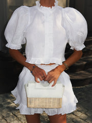 Ruffled cotton linen shorts set