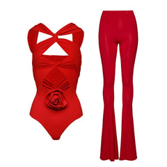 ENSEMBLE 2 PIÈCES BODY ROUGE ET PANTALON ÉVASÉ AVEC NŒUD ROSE HANNA