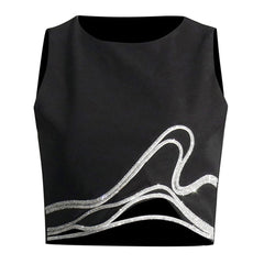 Débardeur court asymétrique à découpes et bordures en cristal sans manches à col rond