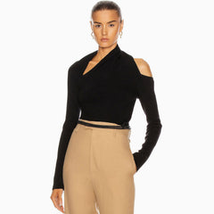 Pull-over asymétrique à manches longues et découpes en tricot français - Noir