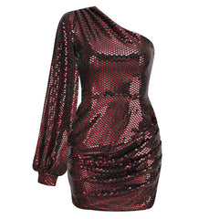 Robe courte asymétrique à une épaule et manches bouffantes à sequins froncés - Bordeaux