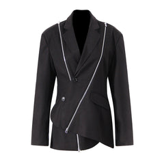 Blazer asymétrique à simple boutonnage avec fermeture éclair en métal et manches longues et col à revers