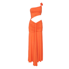Robe de soirée longue asymétrique à une épaule avec découpe à la taille et drapé froncé