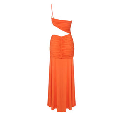 Robe de soirée longue asymétrique à une épaule avec découpe à la taille et drapé froncé