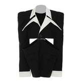 Avant Garde Contrast Lapel CutOut Zipper Waist Single Button Long Blazer