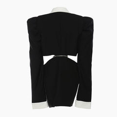 Blazer long à revers contrasté avant-gardiste avec taille zippée et bouton unique