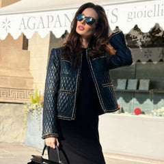 Veste matelassée en cuir végétalien à manches longues avec bordure en chaîne métallique pour motard