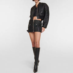 Ensemble assorti de veste bomber courte tressée en cuir vegan à fermeture éclair pour motard