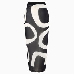 Sarong cache-cœur en mousseline de soie à taille haute avec nœud papillon et vagues noires et blanches