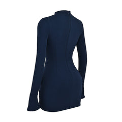 DARK BLUE Mini Dress with Pockets and Long SleeveS