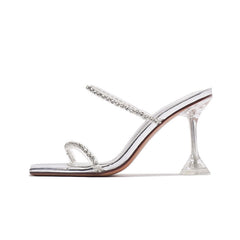 Mules à talon martini à bout carré en PVC transparent ornées de cristaux chics - Argent