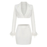 Chic Faux Feather Trim Lapel Collar Open Front Cropped Blazer Matching Set