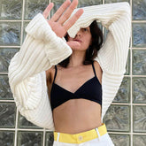 Cardigan chic en tricot côtelé à manches longues et ouvert sur le devant - Beige