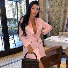 Robe mini blazer à double boutonnage et manches longues avec col en satin chic - Rose