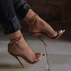 Sandales à talons aiguilles chics en similicuir à peau de serpent et bout pointu avec bride à la cheville - Orange