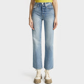 Jean droit classique taille haute délavé longueur cheville - Bleu