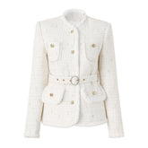 Edle Tweedjacke mit Stehkragen, Knopfleiste, Lurex-Stich und Gürtel, Kunstpelzbesatz