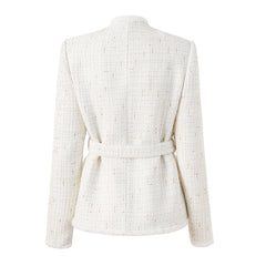 Edle Tweedjacke mit Stehkragen, Knopfleiste, Lurex-Stich und Gürtel, Kunstpelzbesatz