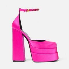 Sandales à plateforme à talon épais et bout carré en satin chic - Rose