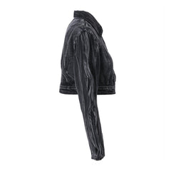 Coole, kurze Jeansjacke mit 3D-Wellenärmeln, gefaltetem Kragen und Button-Down-Kragen