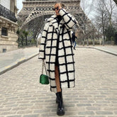 Gemütlicher, einreihiger Sherpa-Teddymantel mit Reverskragen und Karomuster - Schwarz