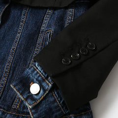 Deconstructed Two Tone Lapel Collar Single Breasted Hybrid Layered Denim Blazer