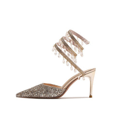 Escarpins à talons aiguilles drapés en cristal et à bout pointu avec sequins - Doré
