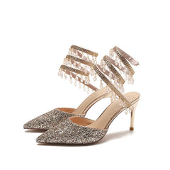 Escarpins à talons aiguilles drapés en cristal et à bout pointu avec sequins - Doré