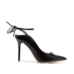 Escarpins pointus à talon aiguille en similicuir avec lien à la cheville et dos nu - Noir