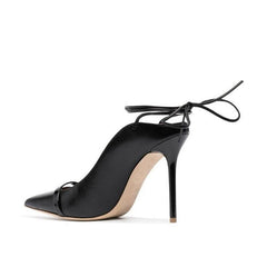 Escarpins pointus à talon aiguille en similicuir avec lien à la cheville et dos nu - Noir