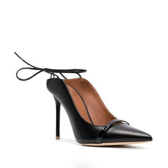 Escarpins pointus à talon aiguille en similicuir avec lien à la cheville et dos nu - Noir