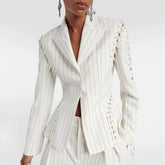 Edgy Einreihiger Blazer mit Schnürung, Streifenmuster, Reverskragen und tailliertem Schnitt