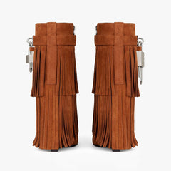 Edgy Metal Lock Layer Fringe Suede Wedge Heel Ankle Boots - Brown