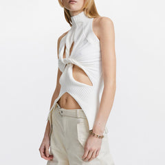 Edgy Twisted CutOut Front High Neck Racerback Rippstrick Tank Top - Weiß