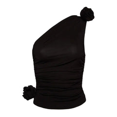 Haut sans manches froncé à une épaule avec détail de rosette florale 3D élégant